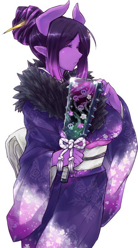 an anime character with purple hair holding a cell phone in her hand and wearing a purple kimono