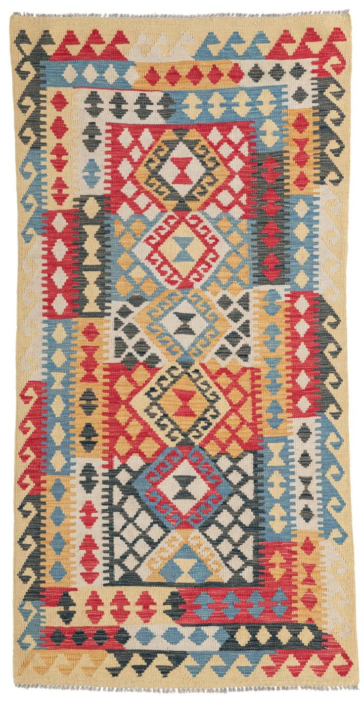 a multicolored rug with geometric designs on it and fringes in the middle