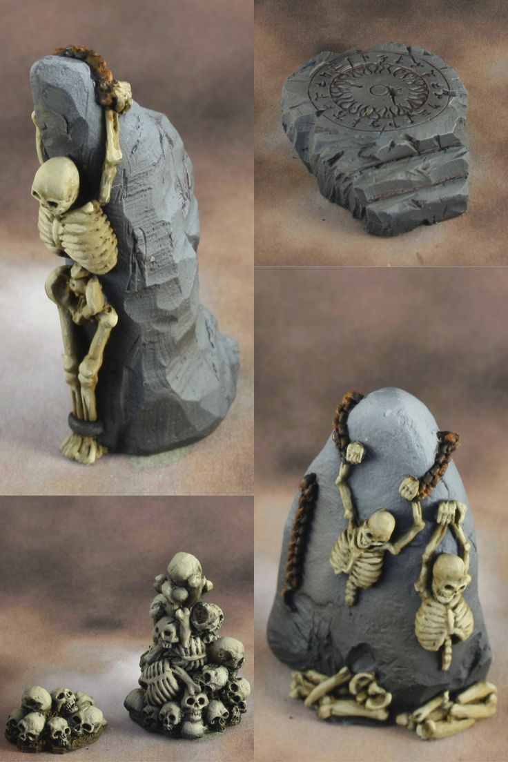 four different pictures of skeletons and rocks