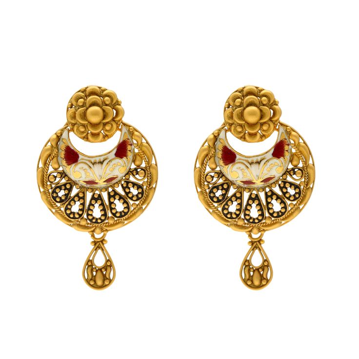 This classy and sophisticated 22k yellow gold pendant and earring set has a stunning design comprised of filigree, beading, and subtle, ruby colored enamel for an vibrant finish. Features: • 22k yellow gold • Filigree • Engraved details • EnamelSpecifications: • Minimum Necklace Width - 3 millimeters • Maximum Necklace Width - 32 millimeters • Necklace Length - 18 inches • Minimum Earring Width - 3 millimeters • Maximum Earring Width - 24 millimeters • Earring Length - 1.5 inches• Total Weight - Gold-plated Yellow Gold Danglers With Intricate Design, Ornate Meenakari Yellow Gold Jewelry, Intricate 22k Yellow Gold Danglers, Ornate Meenakari Yellow Gold Necklace, Ornate Yellow Gold Meenakari Earrings, Pendant And Earring Set, Gold Bead Necklace, Gold Filigree, Yellow Gold Pendants