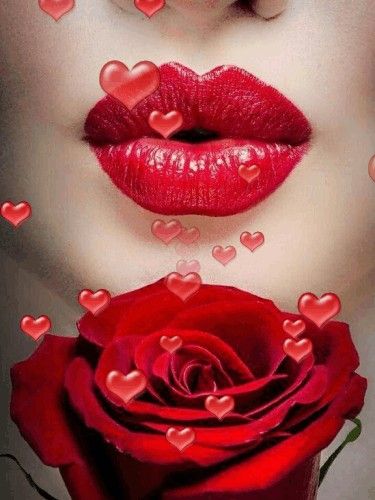 a woman's face with red lipstick and hearts on her lips next to a rose