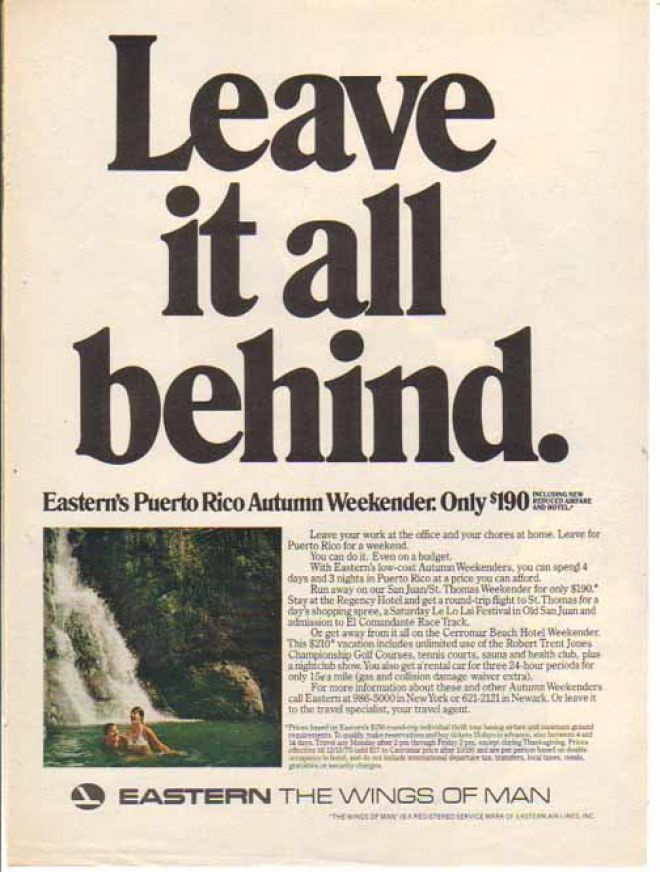 an ad for eastern the wings of man featuring a waterfall and people swimming in it