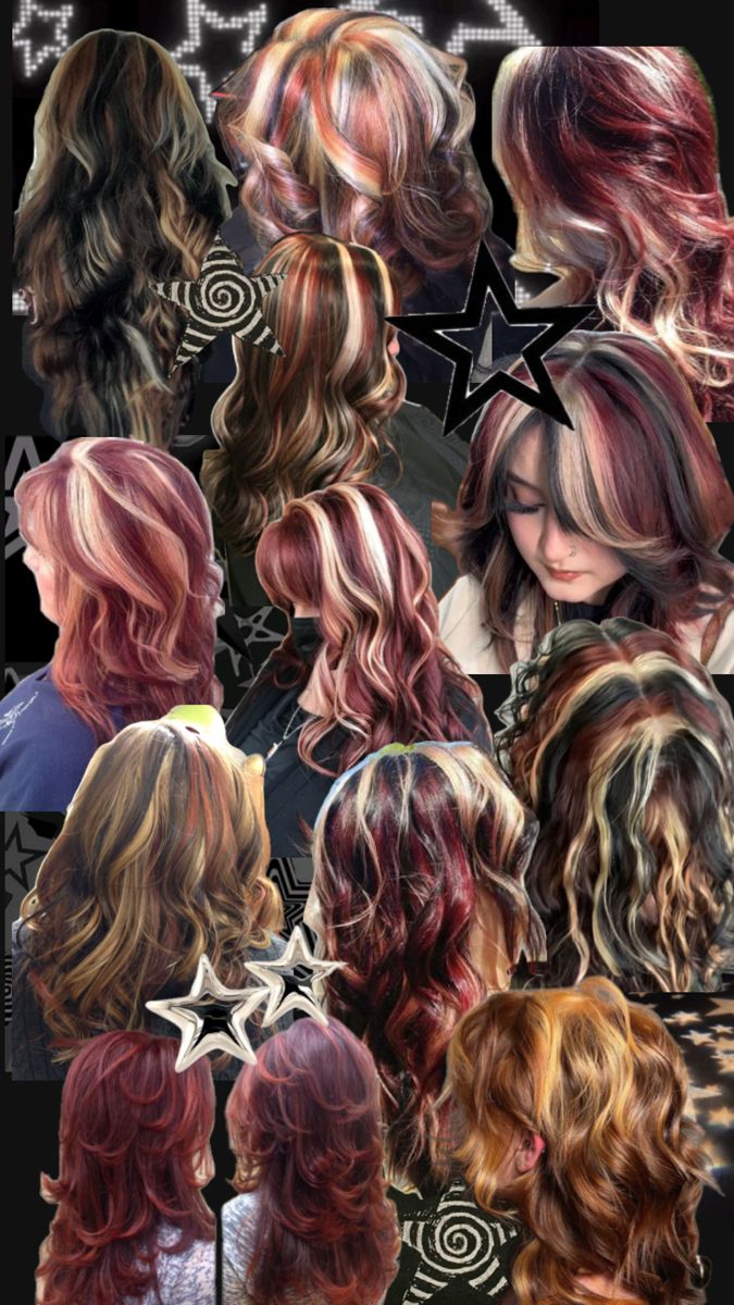 Calico hairstyle Cool Red Hair Dye Ideas, What Colour To Dye Your Hair, Hair Color Ideas Chunky Highlights, Calico Skunk Hair, Hair Color Ideas For Dish Water Blonde, Red And Blonde Streaks, Calico Colored Hair, Unique Dyed Hair Color Trends, Long Calico Hair