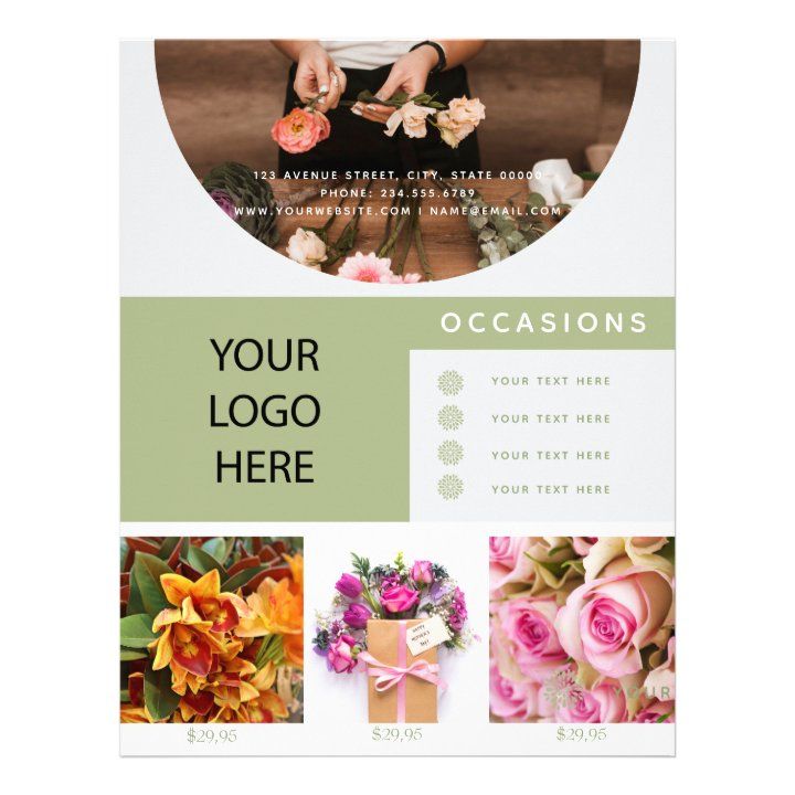 a brochure with flowers on it and the words, your logo here in green