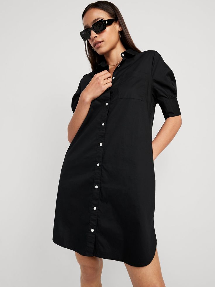 spread collar elbow-length sleeves full-button front patch pocket relaxed fit hits just above knee models are approx.  5'9" and wear sizes s (4), l (12), and xl (18)machine wash according to the care instruction label cotton 100% Casual Button-up Shirt Dress With Rolled Sleeves, Casual Button-up Shirt Dress For Work, Solid Color Button-up Shirt Dress With Pockets, Solid Button-up Shirt Dress With Pockets, Button-up Shirt Dress With Pockets, Classic Collared Shirt Dress For Day Out, Casual Shirt Dress With Button Closure For Work, Relaxed Fit Shirt Dress With Pockets And Spread Collar, Casual Workwear Shirt Dress With Button Closure