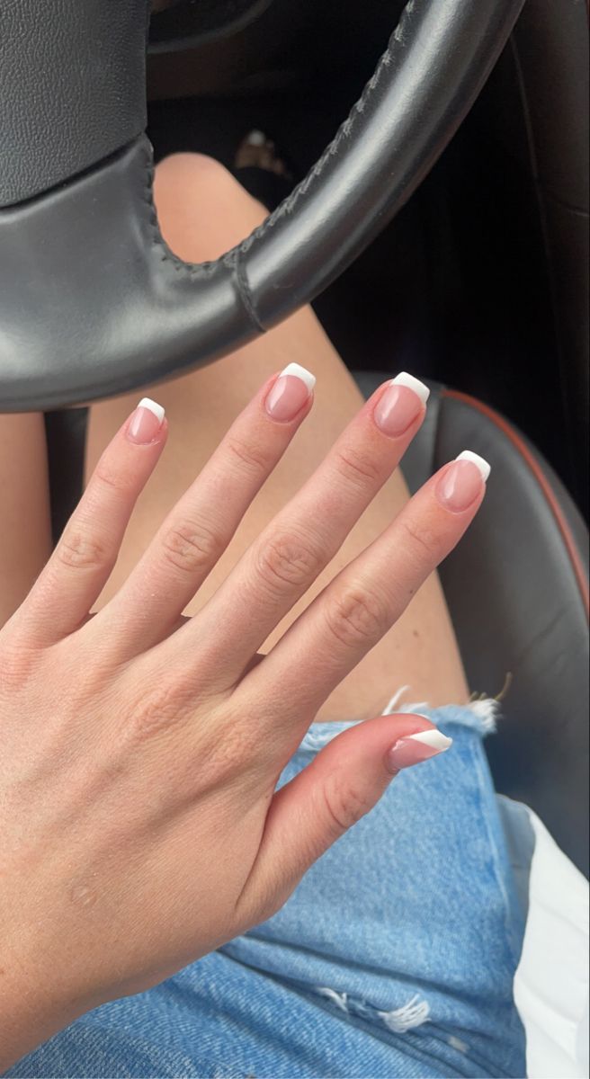 white French tip short style nails inside car with mid thigh denim shorts, clean girl aesthetic White French Tips Short Square, Cute White French Tip Nails Acrylic, Cute Nails Acrylic Short French Tip, White French Tip Acrylic Nails Square, French Tip Coffin Short, Short White Tip Nails With Design, White Short French Tips, Nail Designs French Tip White, French Tip Nails White Short