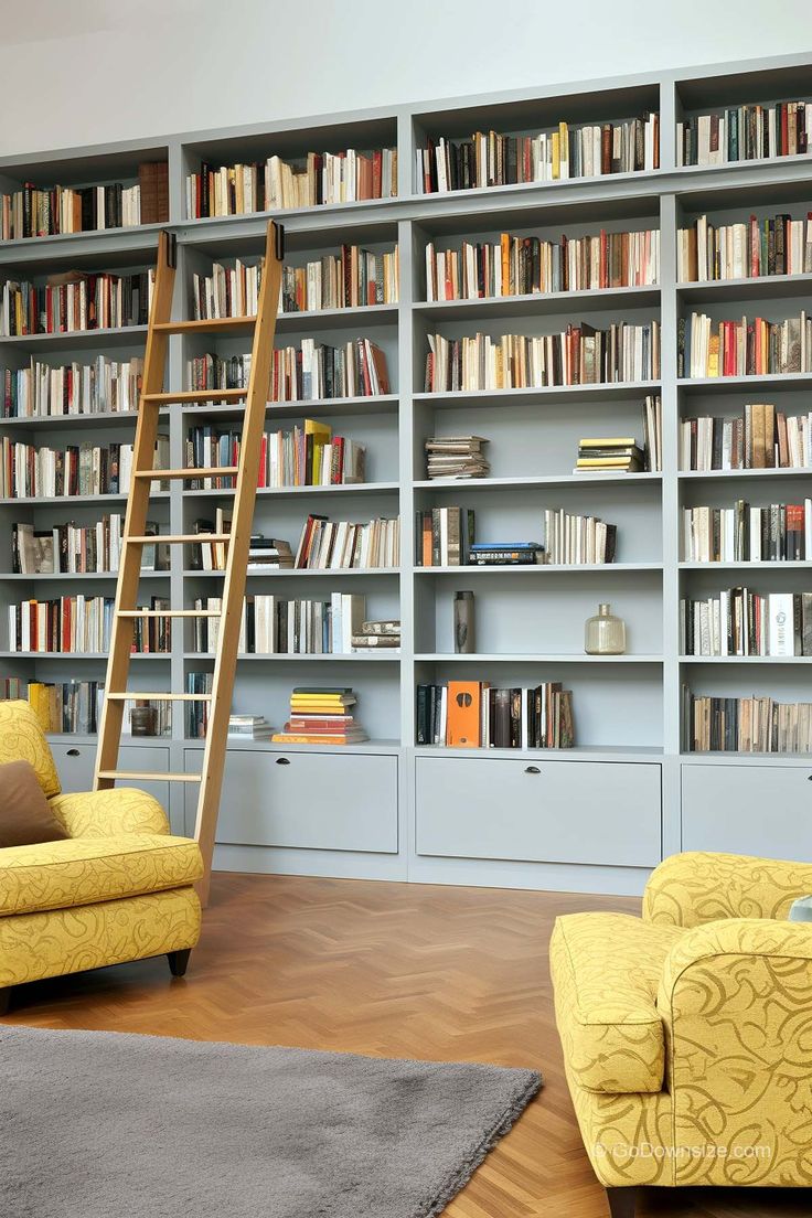 a living room filled with lots of furniture and bookshelves covered in shelves full of books