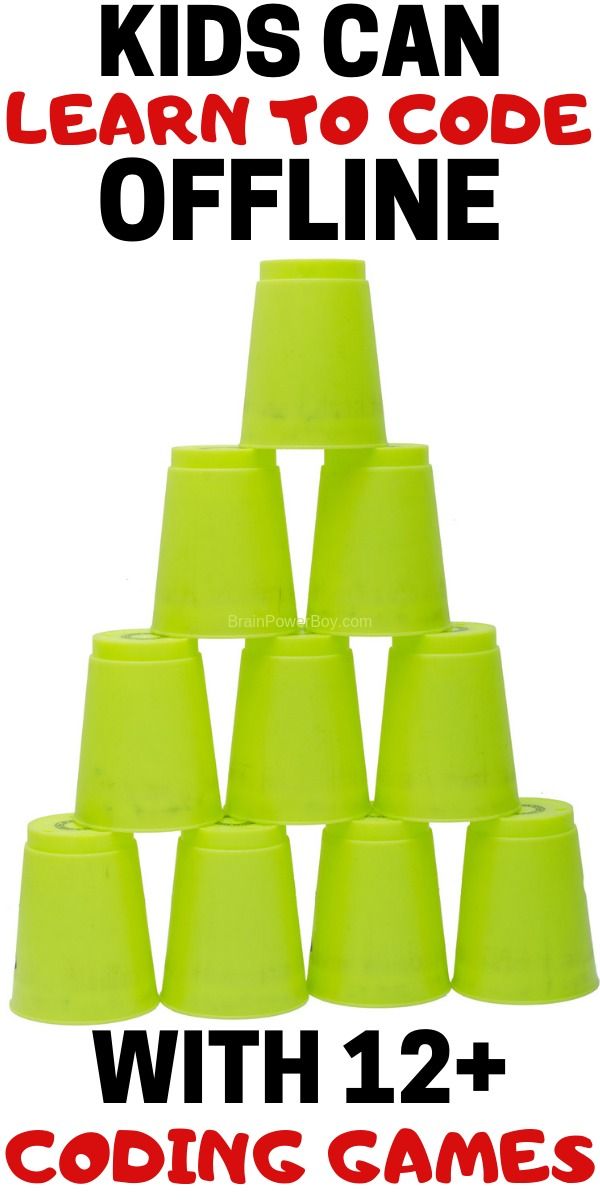 a bunch of neon green cups with the words kids can learn to code offline