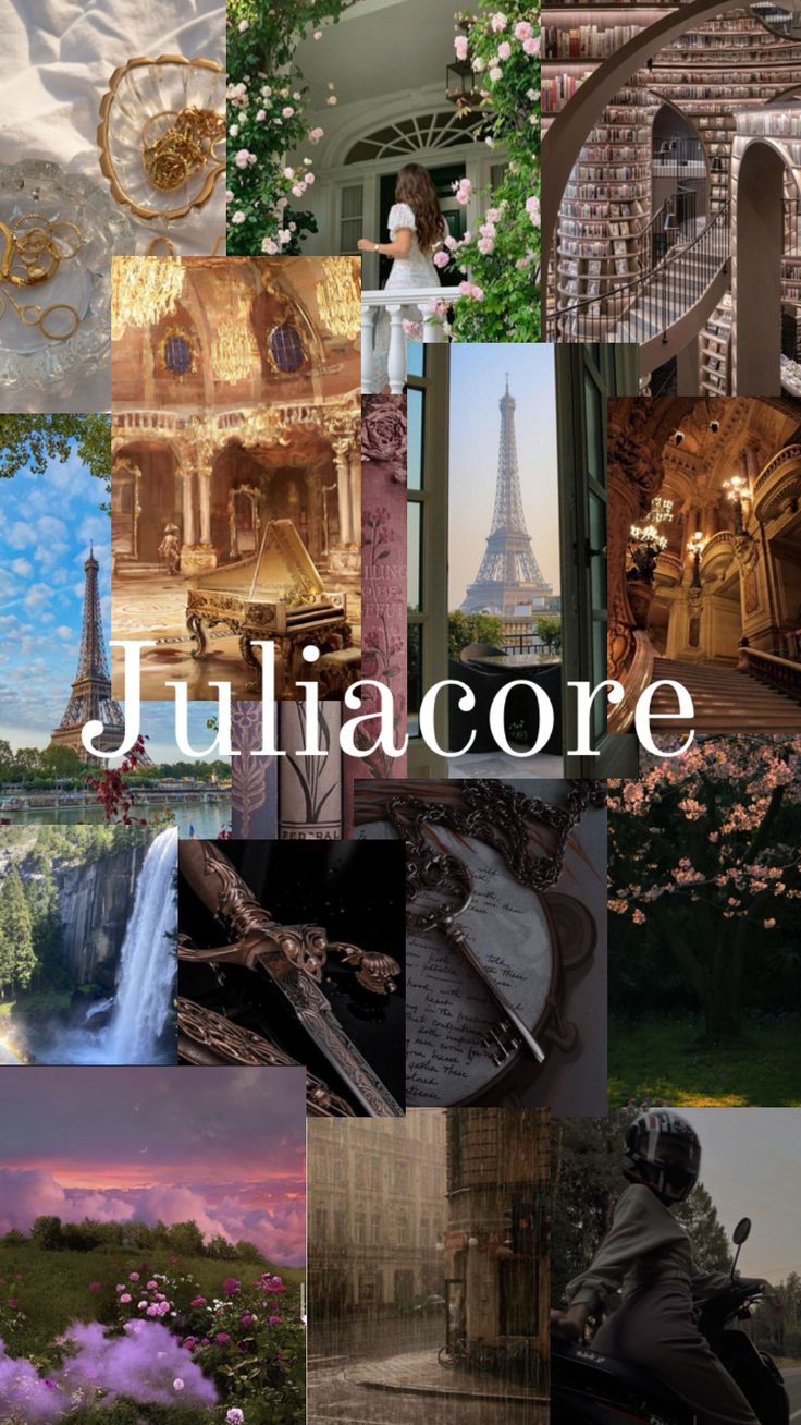 a collage of pictures with the words juliacore written in white on it