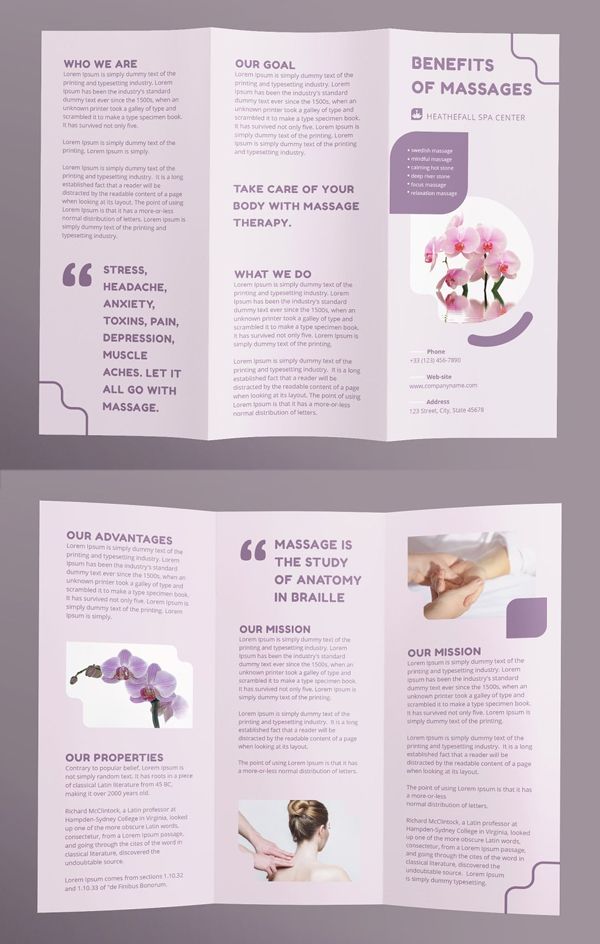 two fold brochure with pink flowers on the front and back pages, one in purple