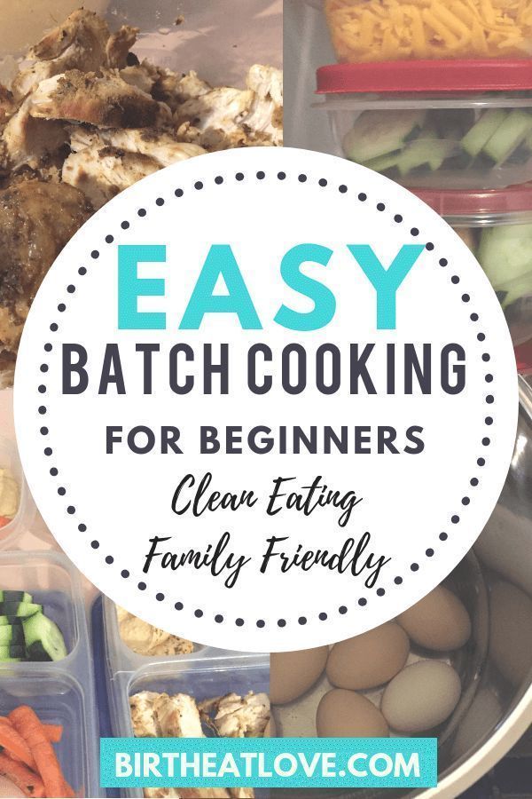 the words easy batch cooking for beginners clean eating family friendly are overlaid by plastic containers filled with food