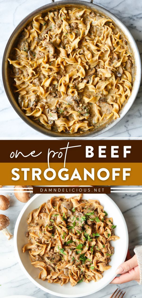 one pot beef stroganooffi is an easy and delicious dinner that's ready in less than 30 minutes