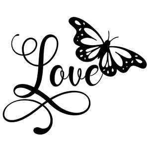 the word love with two butterflies on it's back and one butterfly flying in the air