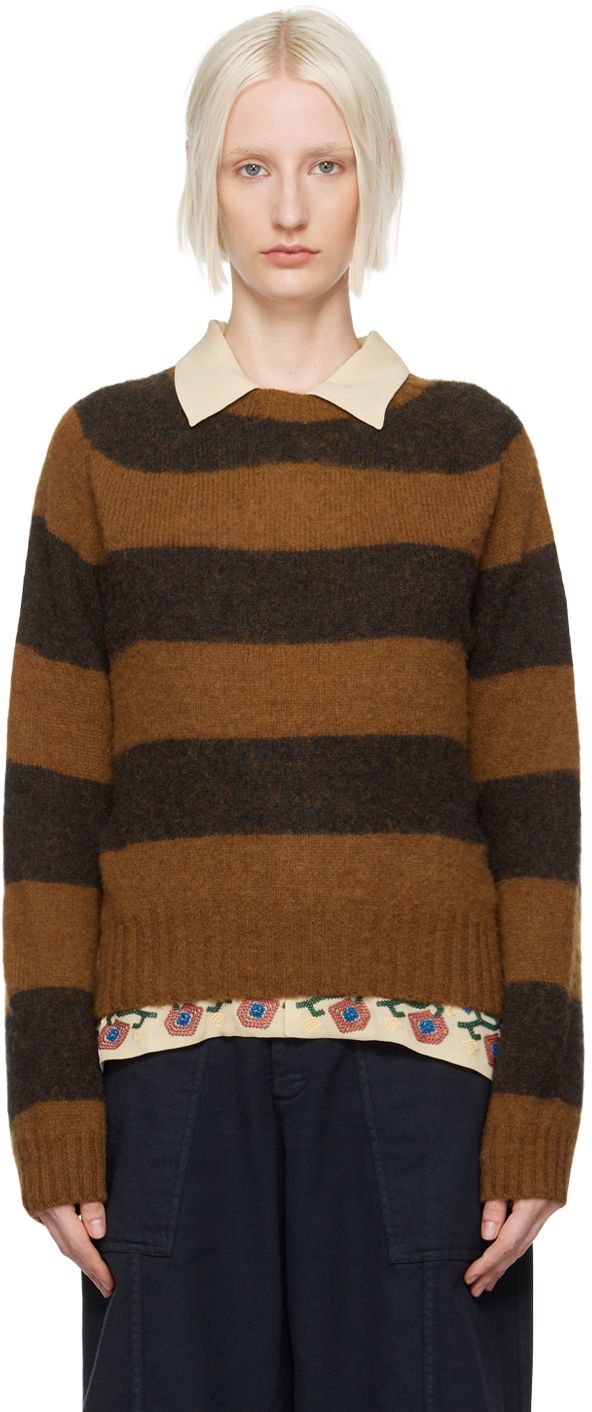 Brushed knit lambswool sweater. Stripes throughout. · Seamless construction · Rib knit crewneck, hem, and cuffs Supplier color: Brown stripe Clothing Wishlist, Lambswool Sweater, Knit Crewneck, Sweater Design, Knitwear Women, Stripe Sweater, Luxury Streetwear, Apparel Accessories, Rib Knit