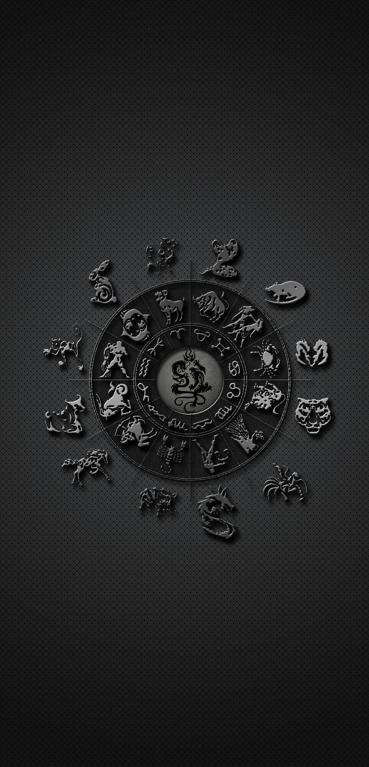 the zodiac sign is surrounded by other astrological symbols on a black background with shadows