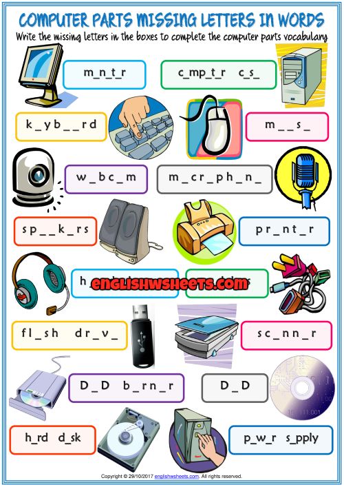 computer parts missing letters in words worksheet with pictures on the front and back