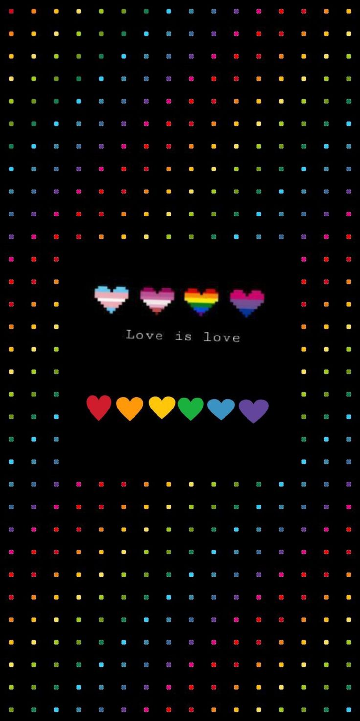 a black background with colorful hearts and the words love is love written in rainbow colors