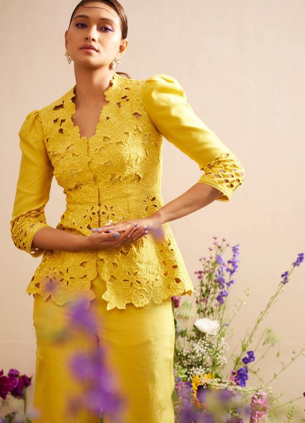 Chandrima | Yellow Cutwork Jacket | INDIASPOPUP.COM Traditional Festive Cutwork Tops, Luxury Yellow Tops With Resham Embroidery, Luxury Cutwork Tops For Spring, Semi-stitched Yellow Blouse Piece With Intricate Embroidery, Semi-stitched Yellow Sets With Cutdana Detail, Cutwork Dress, Co Ords Outfits, Festival Skirts, Peplum Jacket