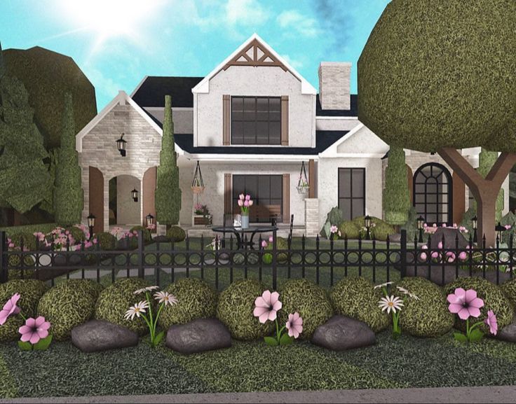 Planty House Exterior, Bloxburg 1 Story Exterior, Cottage Exterior Bloxburg, Bloxburg Outside Ideas Front Yard, Bloxburg Cottage Exterior, Front Yard Ideas Bloxburg, Front Yard Bloxburg, Bloxburg Garden Ideas Front Yard, Bloxburg Front Yard