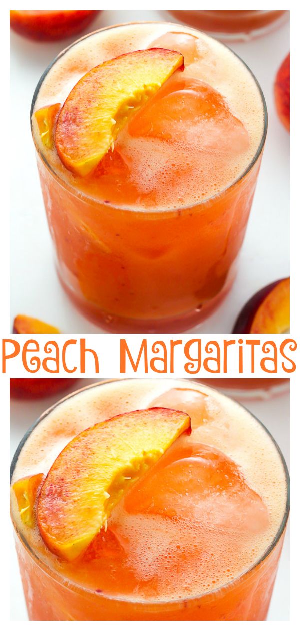 three pictures showing how to make fresh peach margaritas