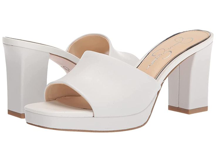 Jessica Simpson Elyzza - Women's Shoes : Bright White : Make your days fun and fabulous wearing the chic Jessica Simpson Elyzza with almost any outfit. Crafted with a rich leather upper. Man-made lining and insole. The sandal features an easy slip-on profile. Chic square and open-toe silhouette. Covered block heel. Rubber outsole for smooth comfort all-day long. Imported. Heel height: 3 1/4 in, Platform Height: 3/4 in. Single shoe weighs 11 oz. Weight of footwear is based on a single item, not a Chic Summer Wedge Heel Block Heels, Chic Summer Wedge Block Heels, Chic Summer Wedge Heels, Elegant Synthetic Wedge Heel Block Heels, Synthetic Open Toe Block Heels With Contrasting Heel, Elegant Synthetic Platform Block Heels, Synthetic Block Heels With Sculpted Heel, Elegant Synthetic Block Heels With Square Toe, Elegant Spring Platform Block Heels