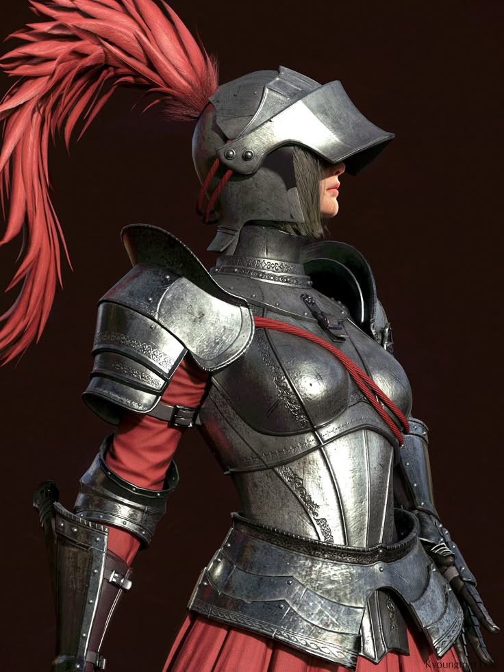 a woman dressed in armor with red hair