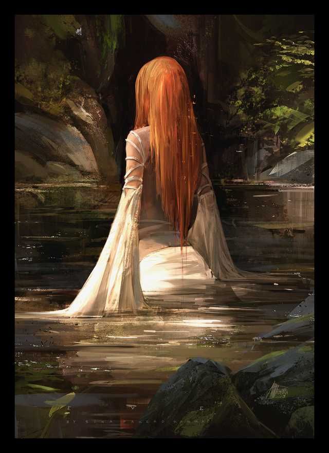 a woman with long red hair is sitting in the water and looking at her reflection