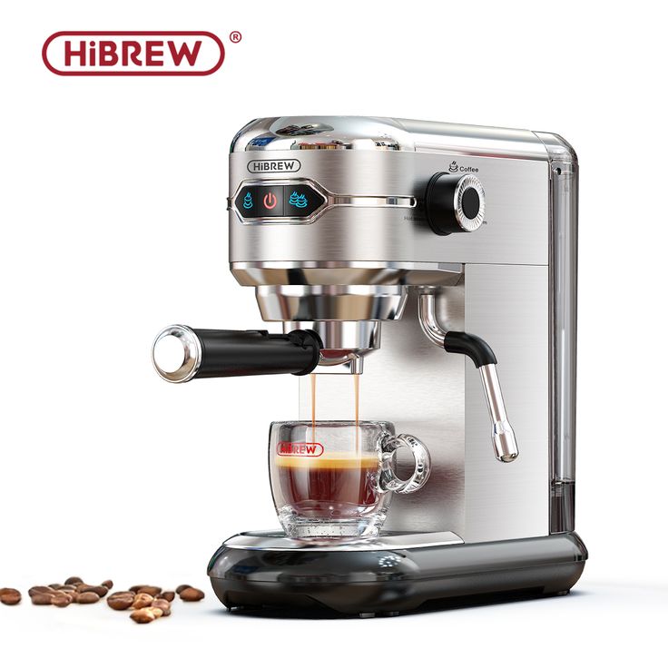 an espresso machine sitting next to some coffee beans on a white background with the words hibrew above it