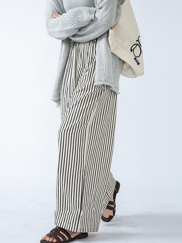 High Waisted Loose Split-Joint Striped Pants Trousers STRIPED-M Trendy Striped Wide Leg Pants, Casual High-waisted Pants For Day Out, Casual Ankle-length Pants For Day Out, Casual Ankle-length Harem Pants For Day Out, Non-stretch Cotton Bottoms For Day Out, Casual Trousers For Day Out, Baggy Wide Leg Bottoms For Day Out, Trendy Striped Wide-leg Pants, Baggy Trousers For Day Out