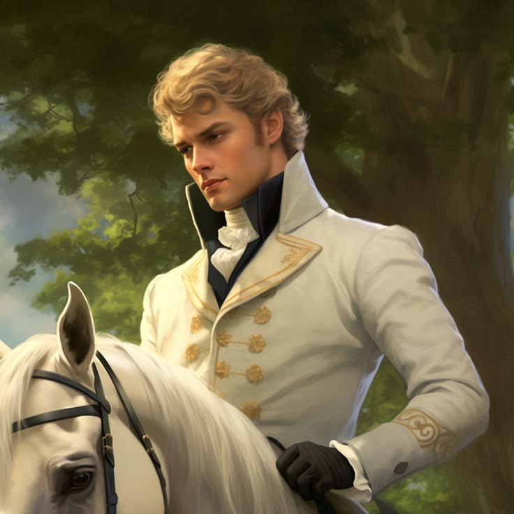 a painting of a man riding on the back of a white horse in front of trees