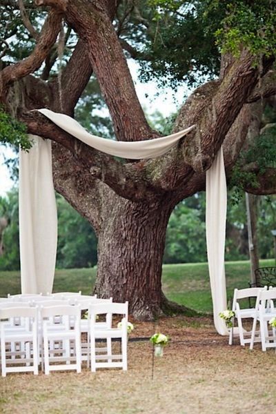 an outdoor ceremony setup with white chairs and draping draped over the tree branches