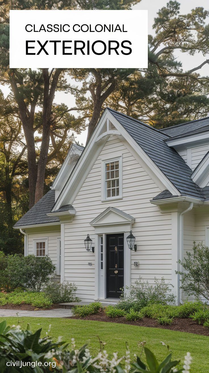 a white house with the words classic colonial exteriors