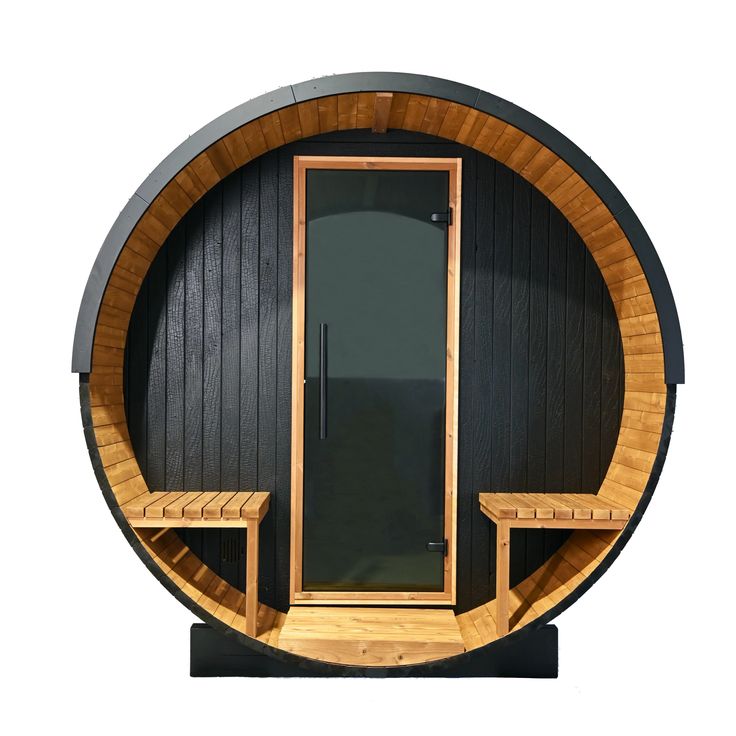 a wooden barrel sauna with two benches in it