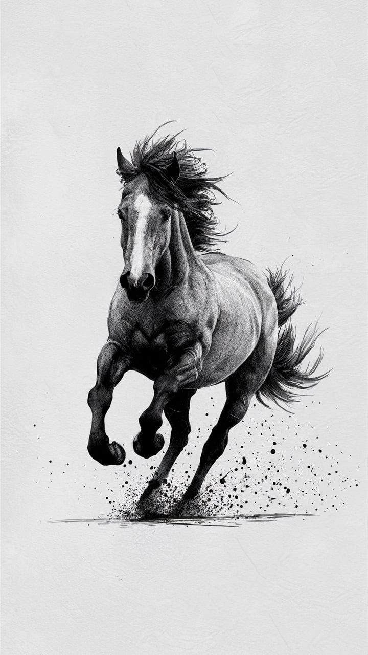 a black and white drawing of a running horse