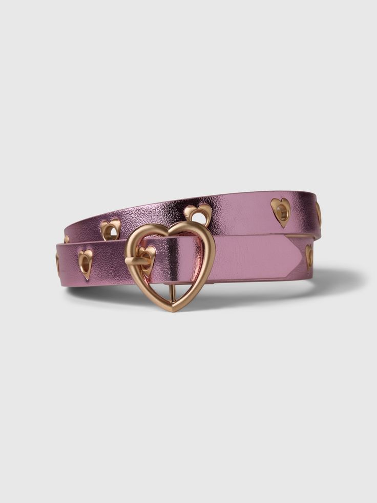 This belt is made with a vegan leather metallic upper.  Heart buckle and stud details.  For more fit and sizing info, check out our Size Guide.  Width: 0. 75" Length Size S): 29" Heart Belt, Gap Kids, Toddler Gifts, Girls Accessories, Size Guide, Vegan Leather, Gap, Autumn Fashion