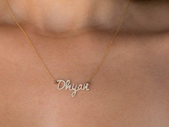 Fabulous 14K Gold and real White diamonds personalized name necklace, The most popular and loved custom jewelry made just for you.✤ Please contact us if you would like to see an illustration of the name of your choosing on the necklace FREE of charge.This unique piece makes a wonderful push present or gift for any mom, sister, girlfriend or wife! **Please select total chain length 16.5"/17.7"- write on "note to seller" (our default length if not told otherwise is 17.7")**Please select number of 14k Gold Name Necklace With Diamond Accents For Gift, Customized Elegant Diamond Jewelry, Diamond Name Necklace For Gift, Diamond Nameplate Necklaces, Diamond Nameplate Necklace With Diamond Accents, Diamond Accent Nameplate Necklace, Personalized Diamond Nameplate Necklace, Elegant Customized Diamond Necklace, Diamond Nameplate Necklace For Personalized Gift