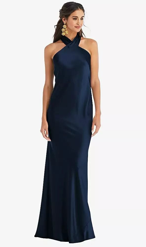 Draped Twist Halter Tie-back Trumpet Bridesmaid Dress In Midnight Navy | The Dessy Group Navy One Shoulder Dress, Satin Navy Dress, Hairstyle With Halter Dress Neckline, Navy Satin Bridesmaid Dress, Navy Blue Dress Formal, Black Tie Optional Dress, Navy Bridesmaids Dresses, Navy Blue Silk Dress, Dark Navy Bridesmaid Dress