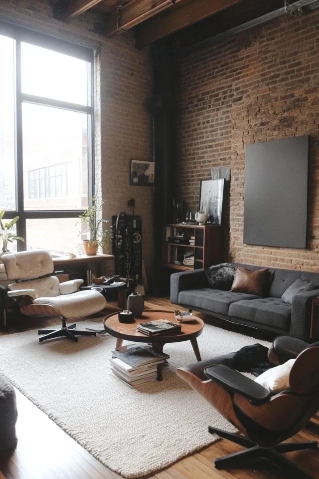 a living room filled with furniture and large windows