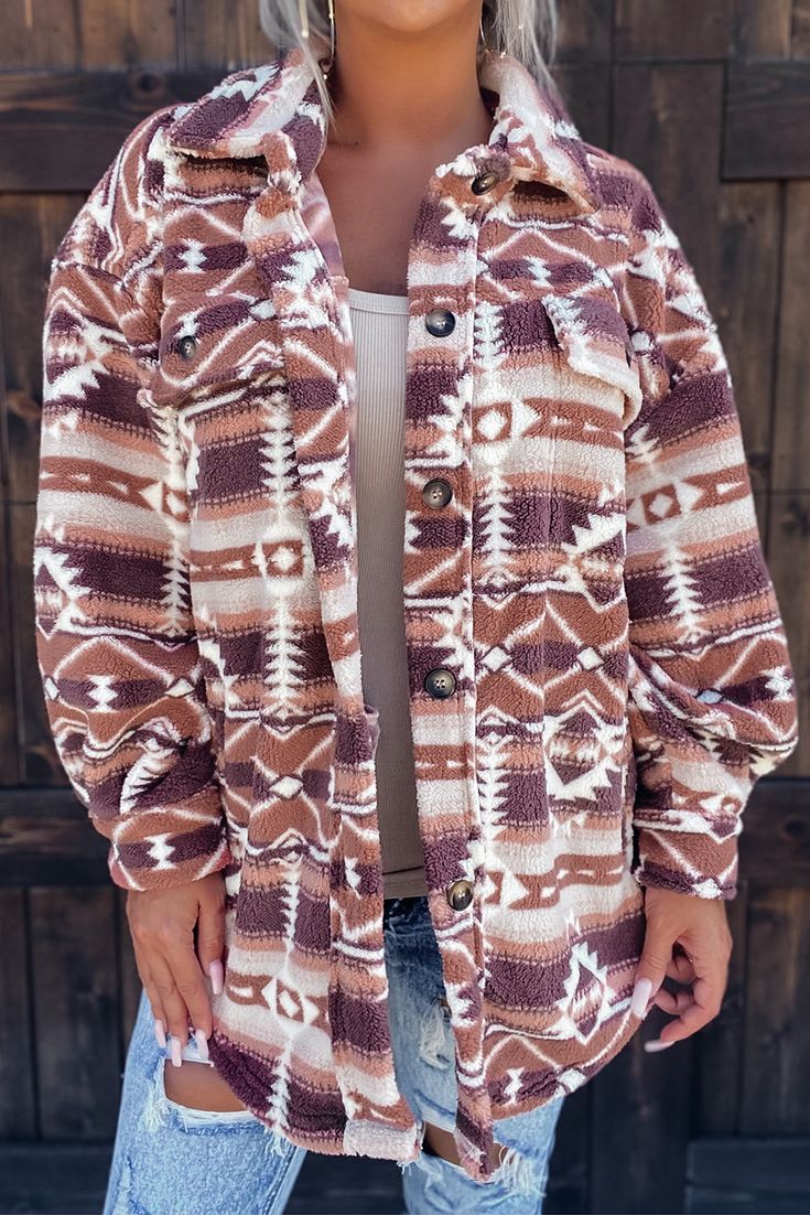 Pink Tribal Print Pocket Buttoned Sherpa Jacket Multicolor Winter Outerwear With Button Closure, Cozy Multicolor Long Sleeve Outerwear, Brown Long Sleeve Shacket For Winter, Brown Long Sleeve Winter Shacket, Multicolor Long Sleeve Fleece Jacket For Winter, Multicolor Long Sleeve Fleece Jacket With Pockets, Printed Sports Bra, Special Clothes, Leather Mini Dress