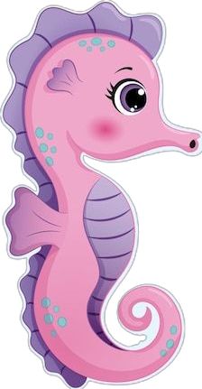 a pink seahorse with blue bubbles on it's head and tail, standing in front of a white background