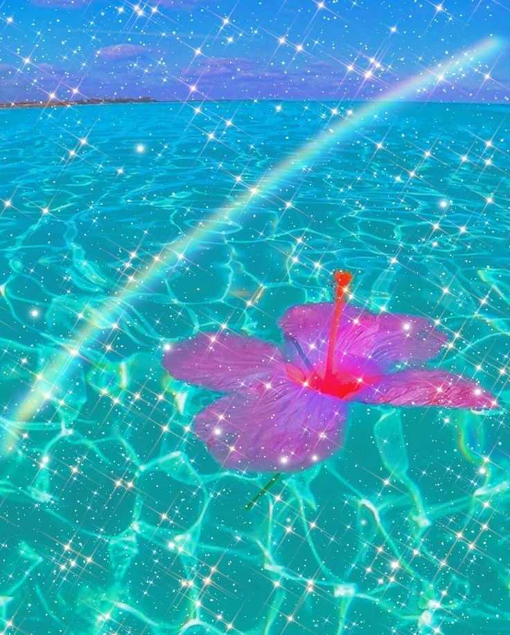 a pink flower floating on top of water under a sky filled with stars and sparkles