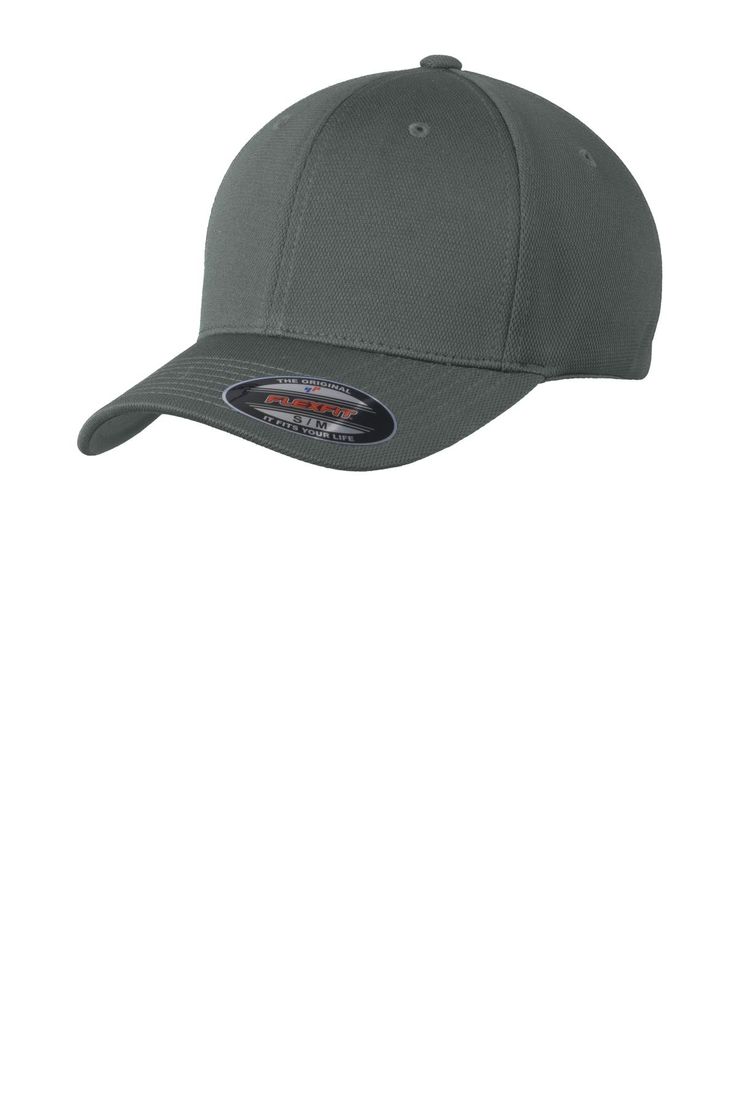 the flexfit cap is grey and has an embroidered logo on the front side