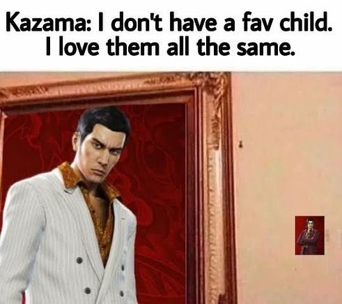 a man standing in front of a painting with the caption kazzama i don't have a fav child i love them all the same