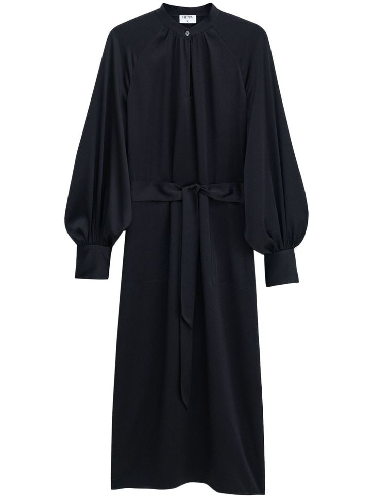 black pleat detailing side slits mock neck front button fastening keyhole neck long raglan sleeves buttoned cuffs belted waist mid-calf length straight hem Planet People, Keyhole Neck, Yoko London, City Dress, Black Long Sleeve Dress, Summer Beach Wear, Coat Dress, Jacket Tops, Mid Calf