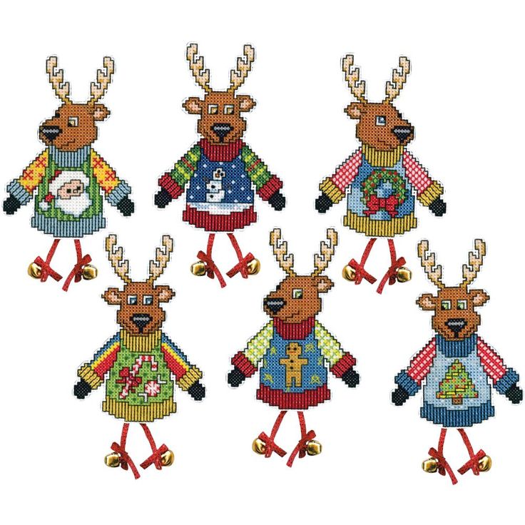 six reindeers in sweaters with bells and bells