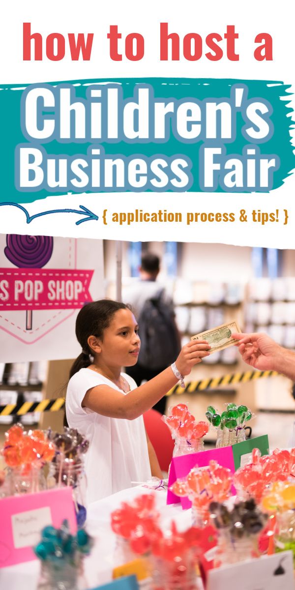 children's business fair flyer with girl handing money to another child at the counter