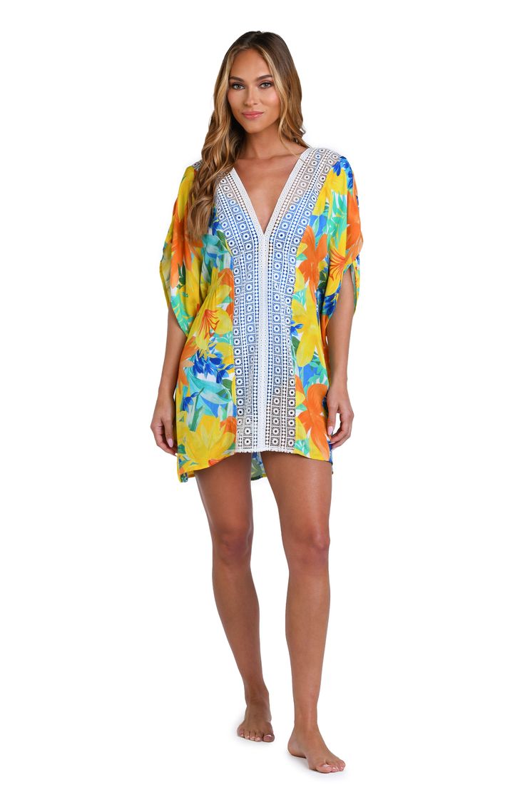 This bright and cheerful floral print has a summery vibe, perfect for a beach day. Styled with breezy dolman sleeves and a flowy fit, this cover-up is finished with crochet trim, braided ties, and thread tassels for a playful touch. [split] Details V-neck caftan Ties at neck Dolman sleeves Braided ties with thread tassels Breezy silhouette Fabric 100% Rayon Crepe Multicolor Beachwear Cover-up With Kimono Sleeves, Spring Vacation Beachwear Kaftan, Multicolor Print Kaftan For Beach Cover-up, Spring Vacation Tropical Style Kaftan, Spring Tropical Style Kaftan For Vacation, Beachy Spring Kaftan For Vacation, Spring Vacation Tropical Kaftan, Beachy Kaftan For Spring Vacation, Tropical Spring Vacation Kaftan