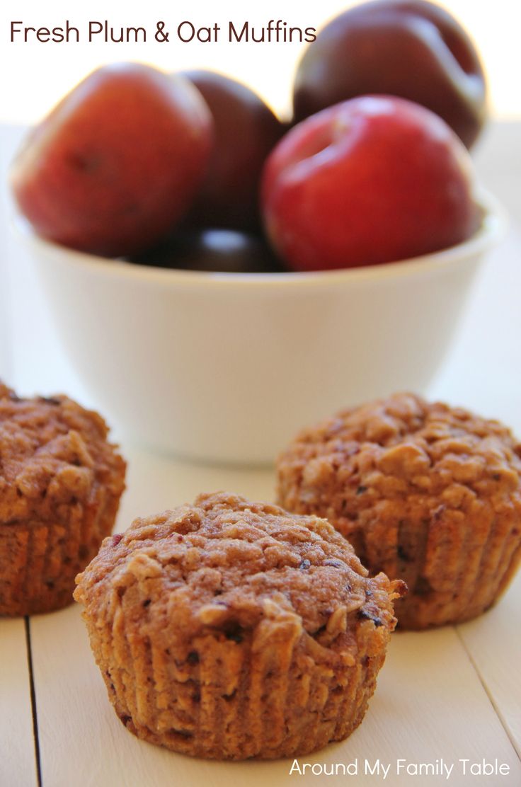 three muffins sitting next to a bowl of fruit