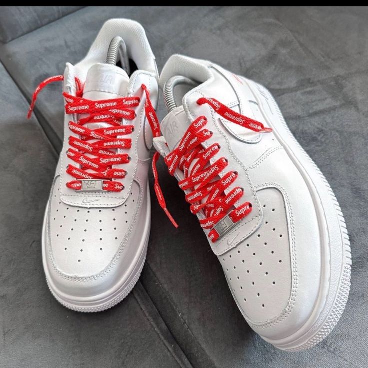 Nike Air Force 1 With Red Sole In Synthetic, Supreme Forces, Nike Air Force 1 Supreme, Supreme Air Force 1, Nike Air Force 1 Low Supreme White, Red Synthetic Nike Air Force 1 Sneakers, Supreme Nike, Supreme Box Logo, White Air Force 1