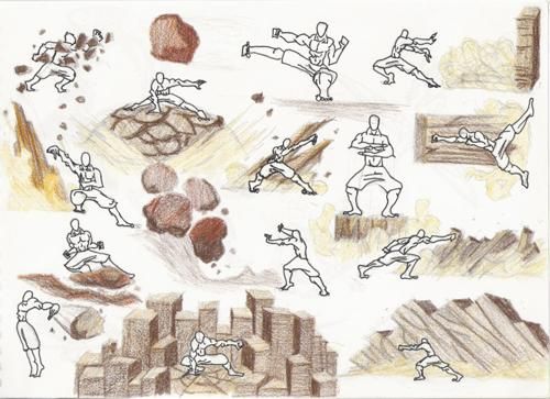 a drawing of some people doing different things in the air with rocks and stones around them